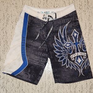 Affliction Embroidered Spellout Logo Full Graphic AOP Shorts Blue, White & Gray